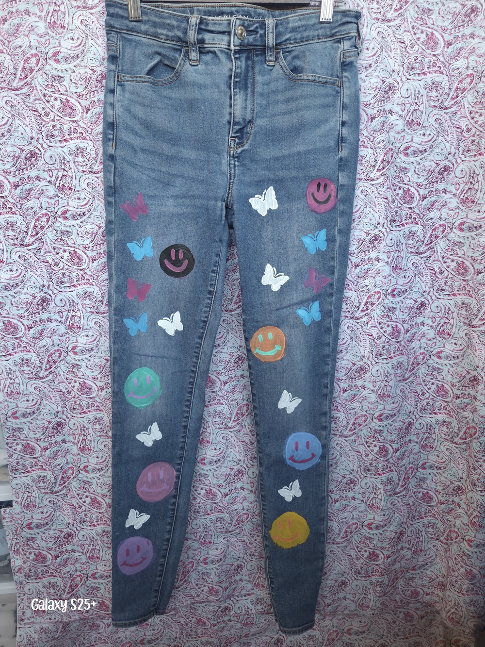 American Eagle Outfitters Painted Smiley & Butterfly Skinny Jeans - Blue